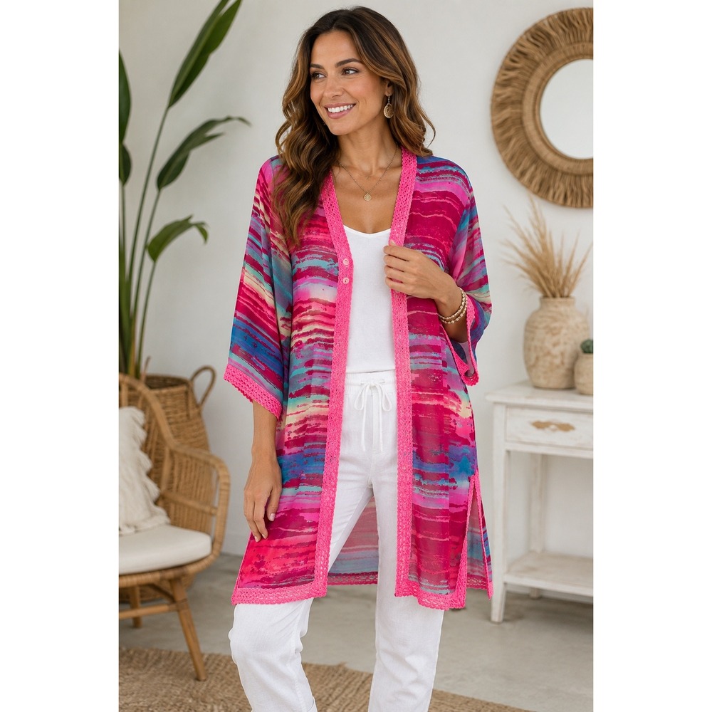India Boutique Pink Blue Abstract Sheer Cover Up Crochet Trim Free Size
